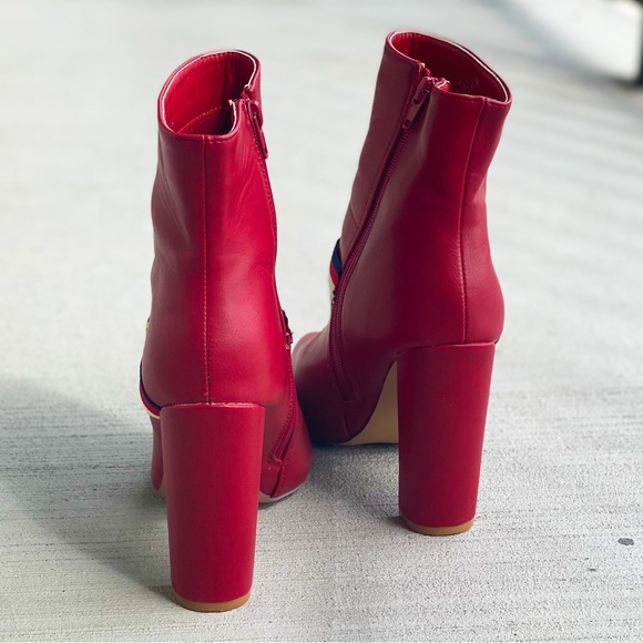Red Faux Leather Ankle Booties with Grosgrain Buckle Trim - Picture 4 of 9